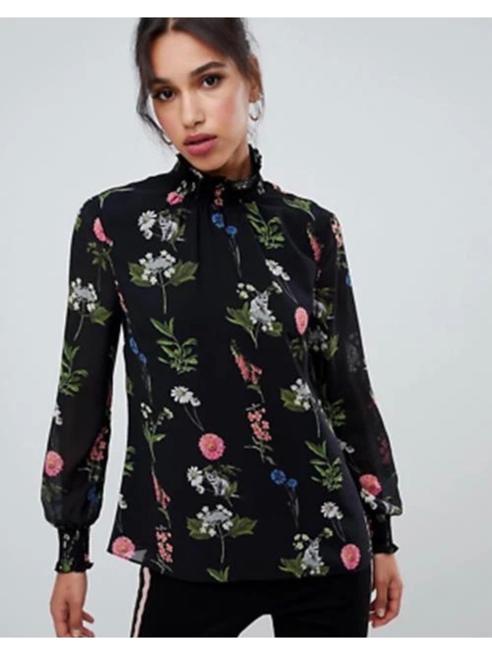 Ted Baker Florence Cat Floral High Neck Blouse Black Size 0 Long Sleeve